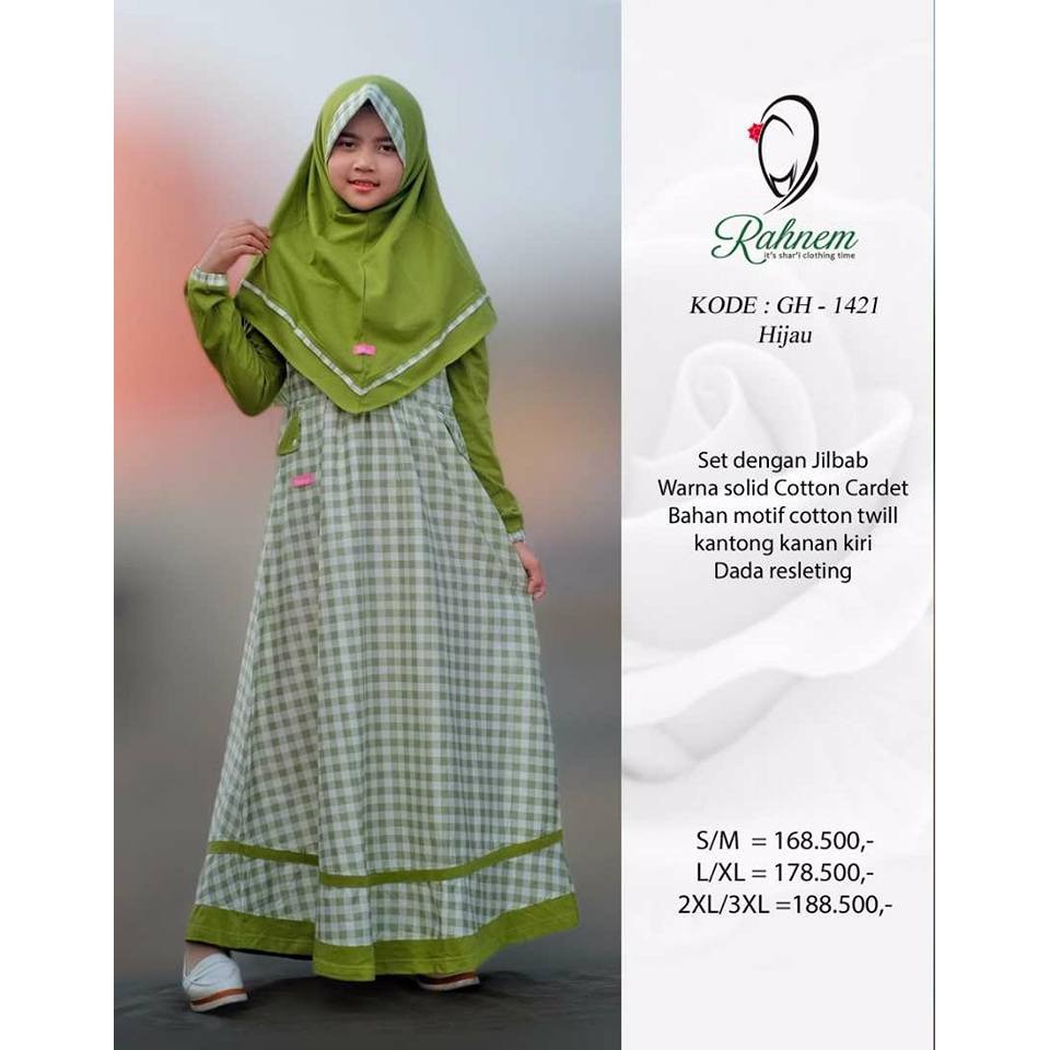 PROMO Gamis Anak Plus Jilbab Pakaian Muslim Anak Rahnem Green Kotak Kotak