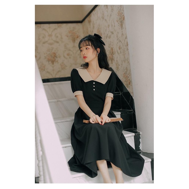 [littlecrab] Dress Collar With Pearl Gaun Wanita Panjang Lengan Pendek Two Tone Color Maroon Hitam Simple Berkualitas Dress Berkerah Kasual Simply Korean Style