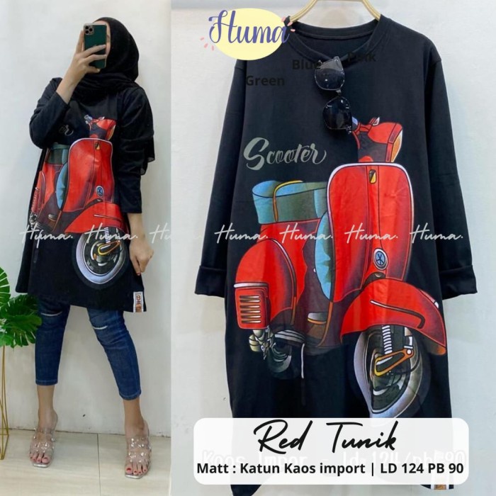 RED TUNIK KAOS HITAM WANITA LENGAN PANJANG TERBARU JUMBO LD 122CM