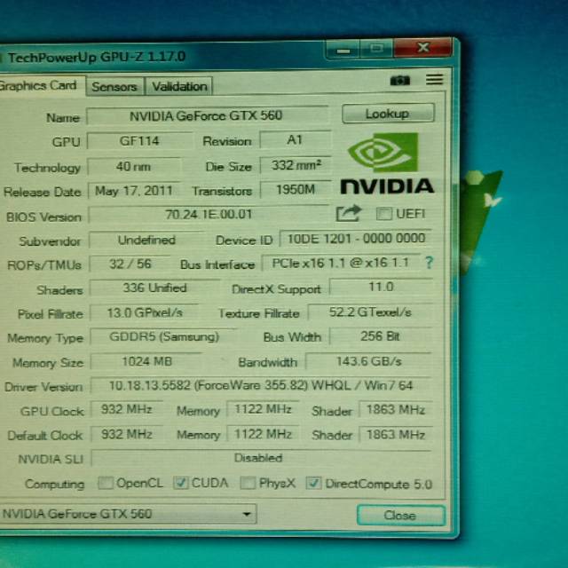 VGA GTX560 1GB 256BIT DDR5