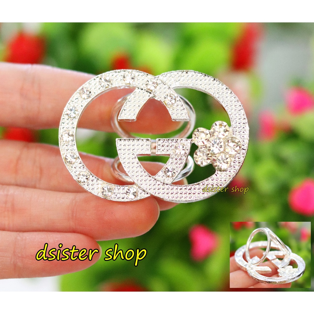 Bros Cincin Part 1 Ring Hiasan Aksesoris Syal Hijab HURUF Permata Hitam Putih-G Silver 1 Bunga