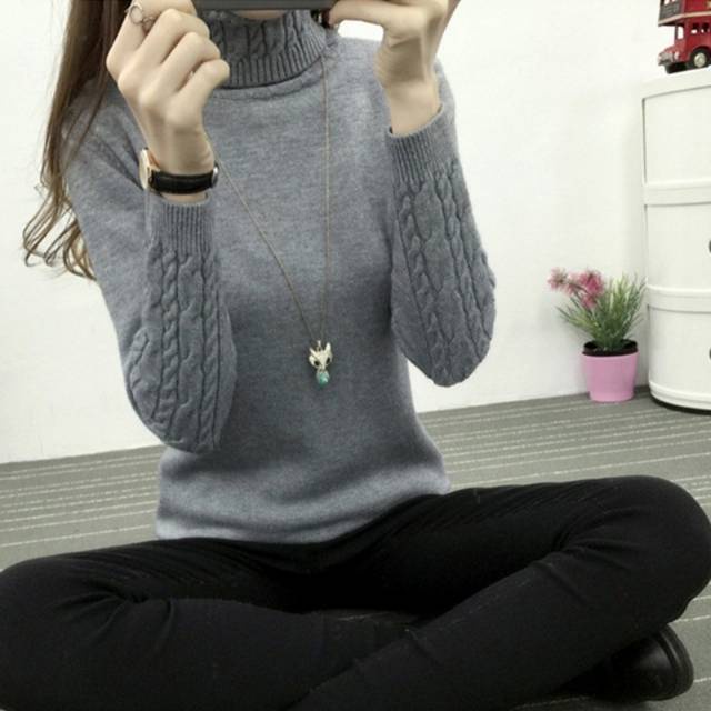 Turtleneck Slim Knitted Sweater Winter Import Baju Rajut Tangan Panjang Musim Dingin