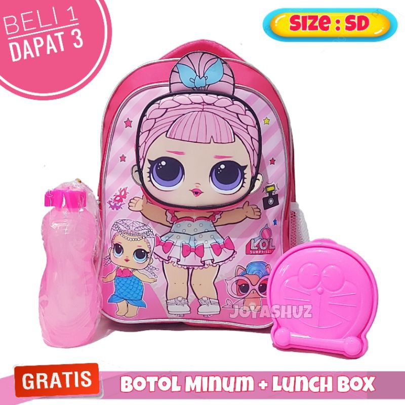 TAS ANAK PEREMPUAN KARAKTER 3IN1 - TAS SEKOLAH ANAK TK - TAS LOL SEPAKET - TAS GRATIS BOTOL MINUM