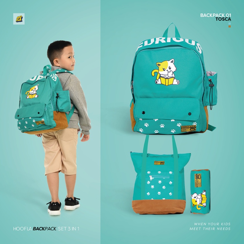 Hooflakids Tas Sekolah Anak Perempuan Laki Laki Backpack Set 3 in 1 Dapat Ransel Pouch dan Tote Bag