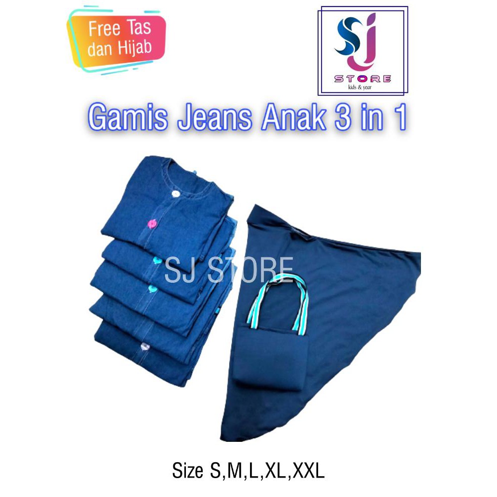 Baju Gamis Jeans Anak Perempuan / Pakaian Muslim Anak Perempuan 3in1 4 Sampai 11 Tahun