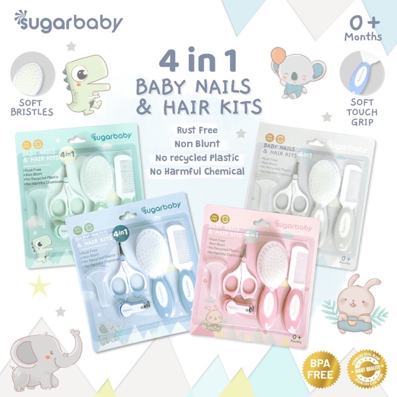 SUGAR BABY - 4 in 1 BABY NAIL AND HAIR KIT - Sugarbaby Manicure Set - Set Sisir Bayi dan Gunting Kuku Bayi - Perlengkapan Set New Born - Manicure Set - Hair Comb Baby Set