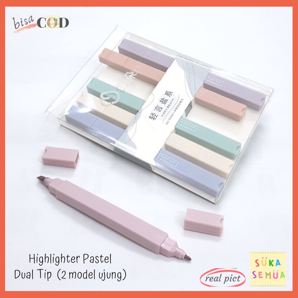 

Highlighter Pastel Dual Tip (6 pcs) // Dua Model Ujung Textlighter Spidol Balok Soft + Box Mika Plastik ( bukan merk Stabilo ) - alat tulis anak sekolah kuliah kantor lucu imut cocok untuk mewarnai diary - COD ( GoSend Bandung )