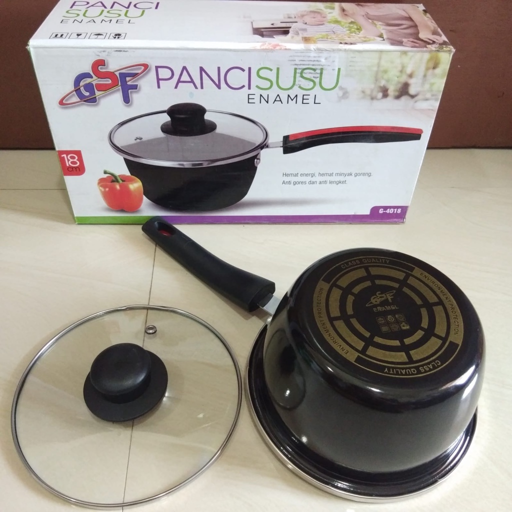 PANCI SUSU ENAMEL TUTUP KACA 18CM / SAUCE PAN ENAMEL GSF G-4018 / GSF G 4018