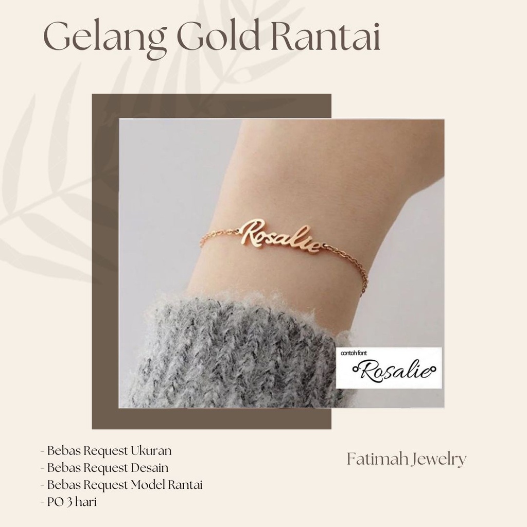 Gelang nama Titanium Anti Karat Wanita Lapis Emas aksesoris cewek fashion perempuan
