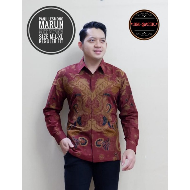 Batik Pria Motif Terbaru Warna Marun/Batik Pria Lengan Panjang/Baju Batik Lapis Furing/Batik Marun