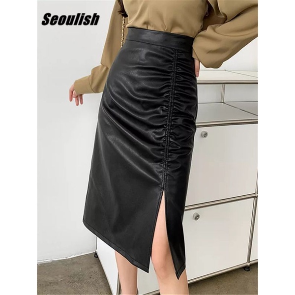 Rok kulit wanita serut hitam leather skirt premium