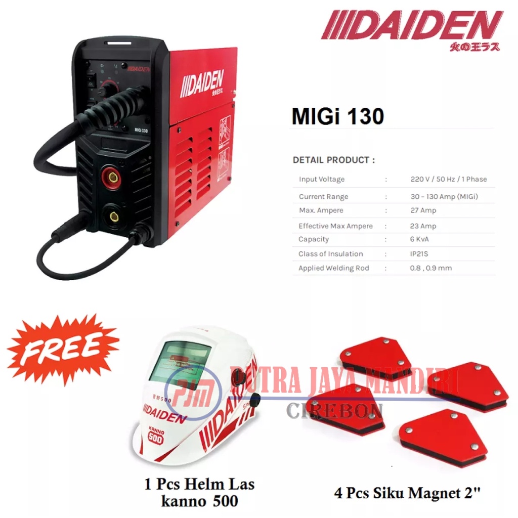 Daiden MIGi MIG MAG 130 A 130A 2T/4T 2T / 4T Mesin Las CO2 Flux Core Stainless Steel Besi Free Helm Kawat Las 0.8 mm Siku Las 2 Inch 4 Pc