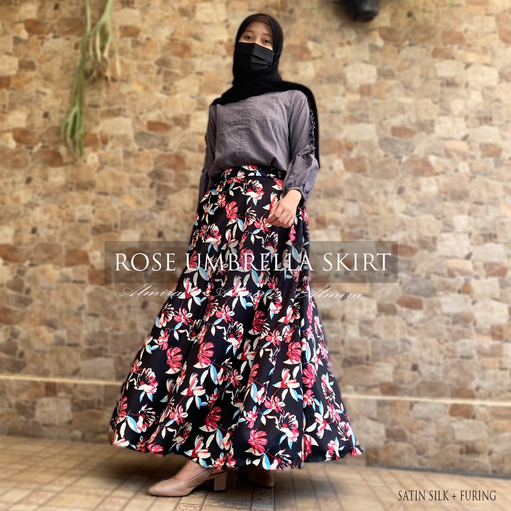 Rok Payung Panjang  Motif Bunga Rose Umbrella Skirt Satin Almira