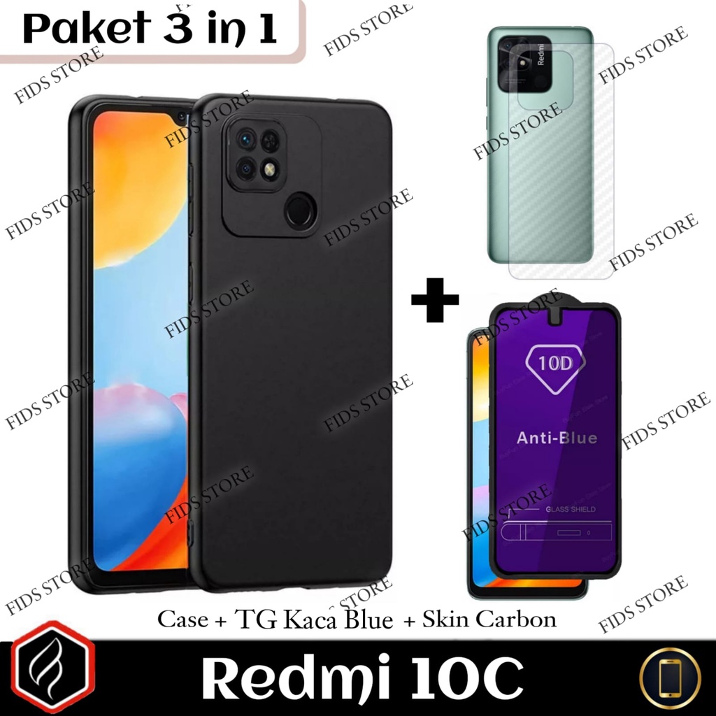 [PAKET HEMAT 3 in 1] Xiaomi Redmi 10C Case BlackMatte + Anti Gores Layar Full Cover Free Tempered Glass Camera / Skin Carbon | Case Premium Black Protection Camera Redmi 10c Tempered glass