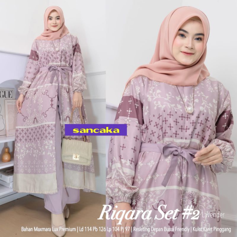 Riqara Set by SANCAKA setelan long tunik JUMBO bahan maxmara  termurah Ld 110