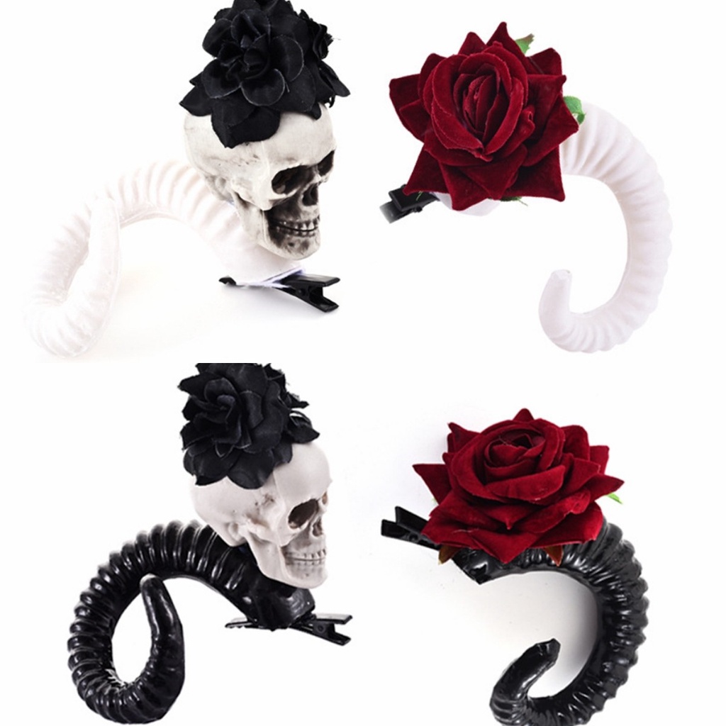 Jepit Rambut Wanita Mawar Tengkorak Tanduk Domba Women Gothic Antler Hairclip 8578