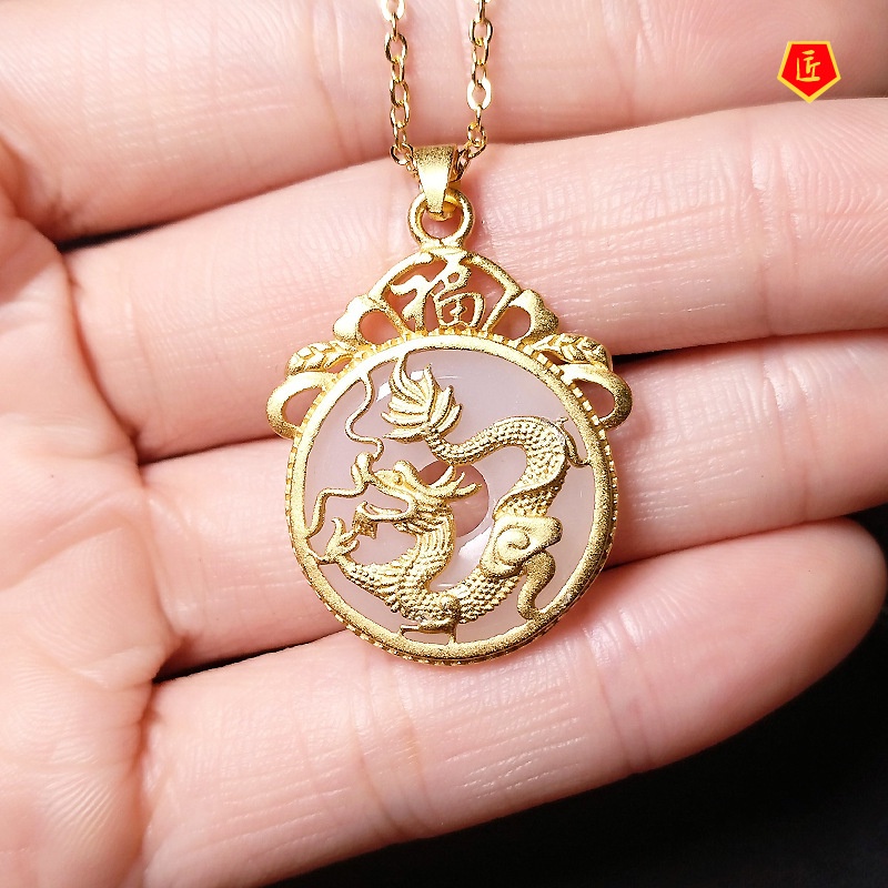 Chalcedony Flying Dragon Peace Buckle Vintage Auspicious Dragon Pendant Fu Character Flying Dragon Chalcedony Pendant