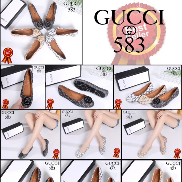 SEPATU GUCCI Ballerina GG Logo Canvas Authentic Metalic Flat Shoes For Women Like ORI  (583)