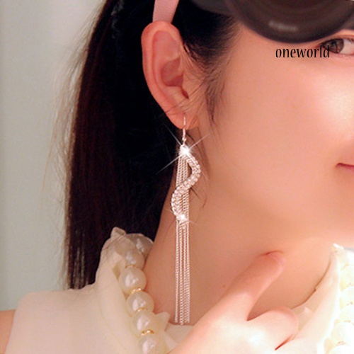 OW@ Women's Fashion S-Shape Long Tassels Rhinestone Hook Dangle Linear Earrings