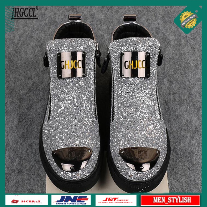 Sepatu Fashion Pria Import Gold Leather Men s Punk Casual Shoes Hip Hop Male High Tops Zip Ankle Boo