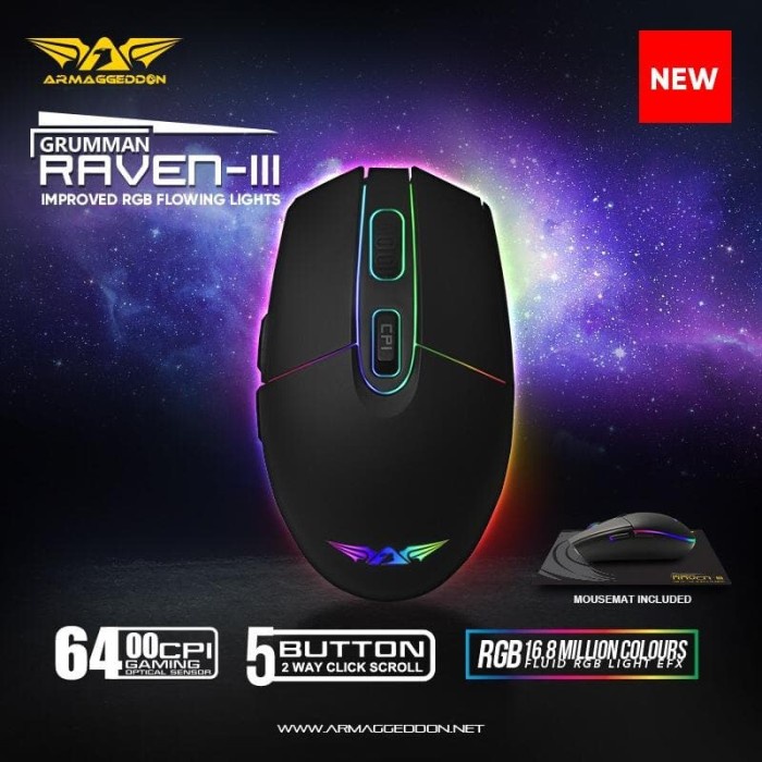 Mouse Gaming Armaggeddon Raven-III (4800 CPI) RGB Free Mousematt - No Name, MOUSE ONLY