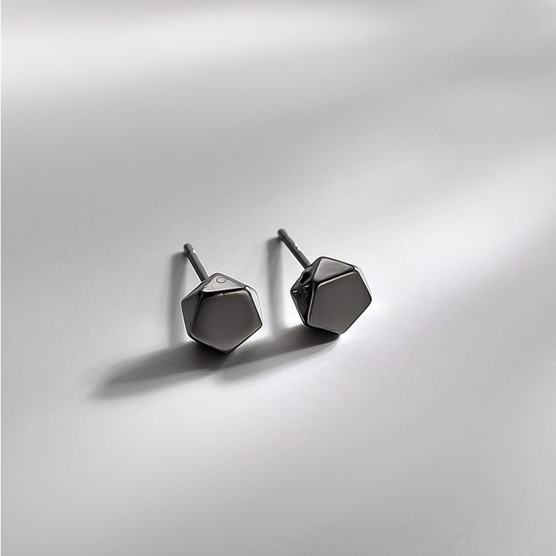 Roselife S925 Unisex Silver Black Geometric Polygon Tiny Stud Earrings for Women Men Ear Jewelry 1 Pair