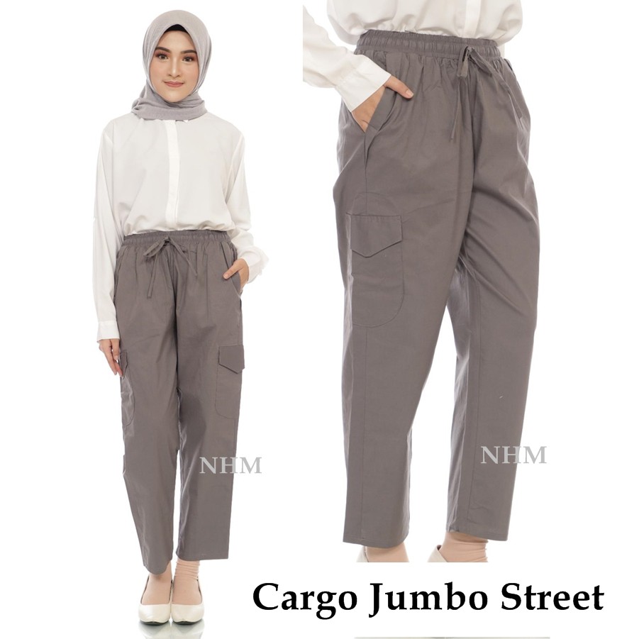 NHM Cargo Jumbo Wanita Stretch, Celana Panjang Wanita Jumbo Kantong