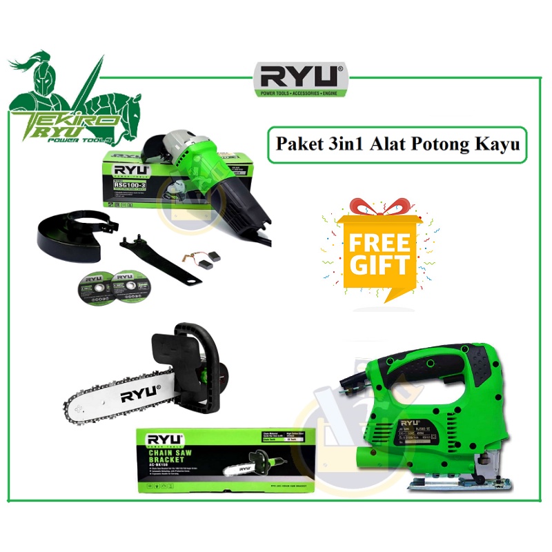 PAKET 3in1 Alat Potong Kayu ( Mesin Gerinda 4 Inch RSG 100-3 + Adaptor Chainsaw art + Mesin Jigsaw Kayu RJS 65-1E )