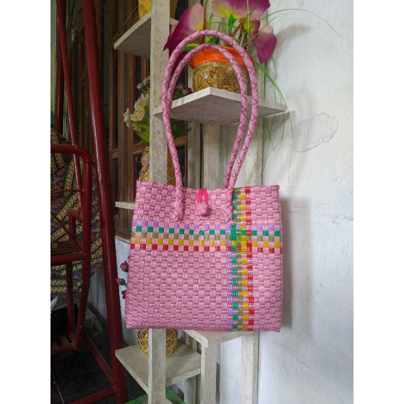 Tas anyaman plastik jali premium PINK-MIX size M/L