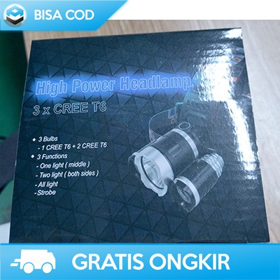 SENTER KEPALA SUPER TERANG 3 LED 5000 LUMENS TAFFLED XM-L - T6 MURAH