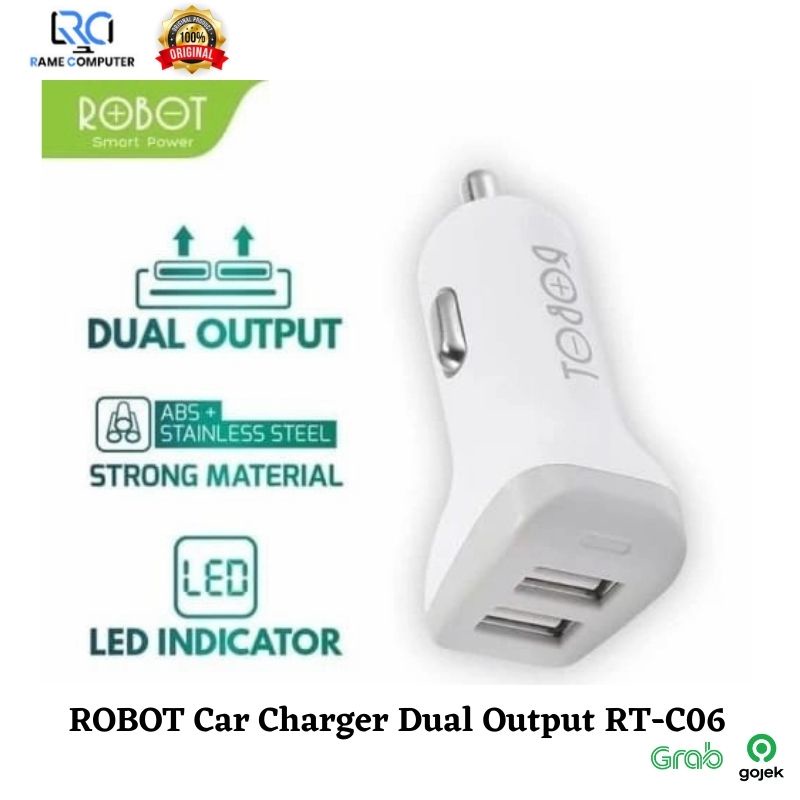 CAR CHARGER MOBIL LED INDICATOR ROBOT RT C06 2PORT USB GARANSI RESMI