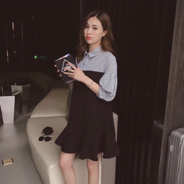 Dress kemeja hitam garis/ white stripes dress/ terusan kemeja hitam garis/ dress korean style