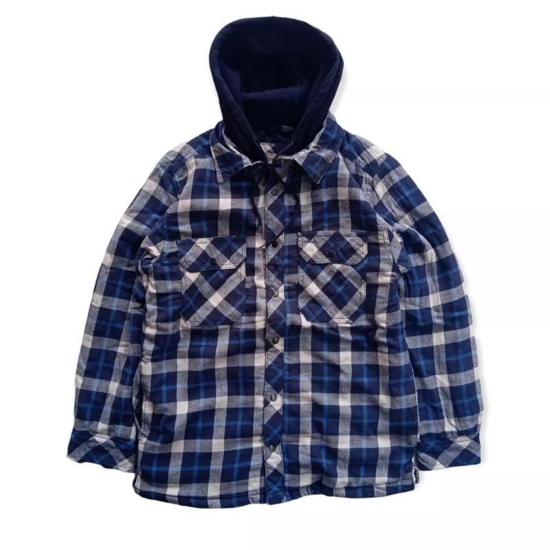 Jaket flanel hoodie kotak kotak motif kemeja tebal second brand