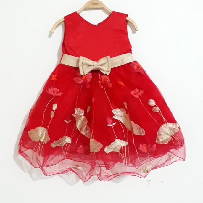 Dress Anak Merah Bunga Gold / Gaun Pesta Anak Warna Merah J43 Premium Harga Grosir