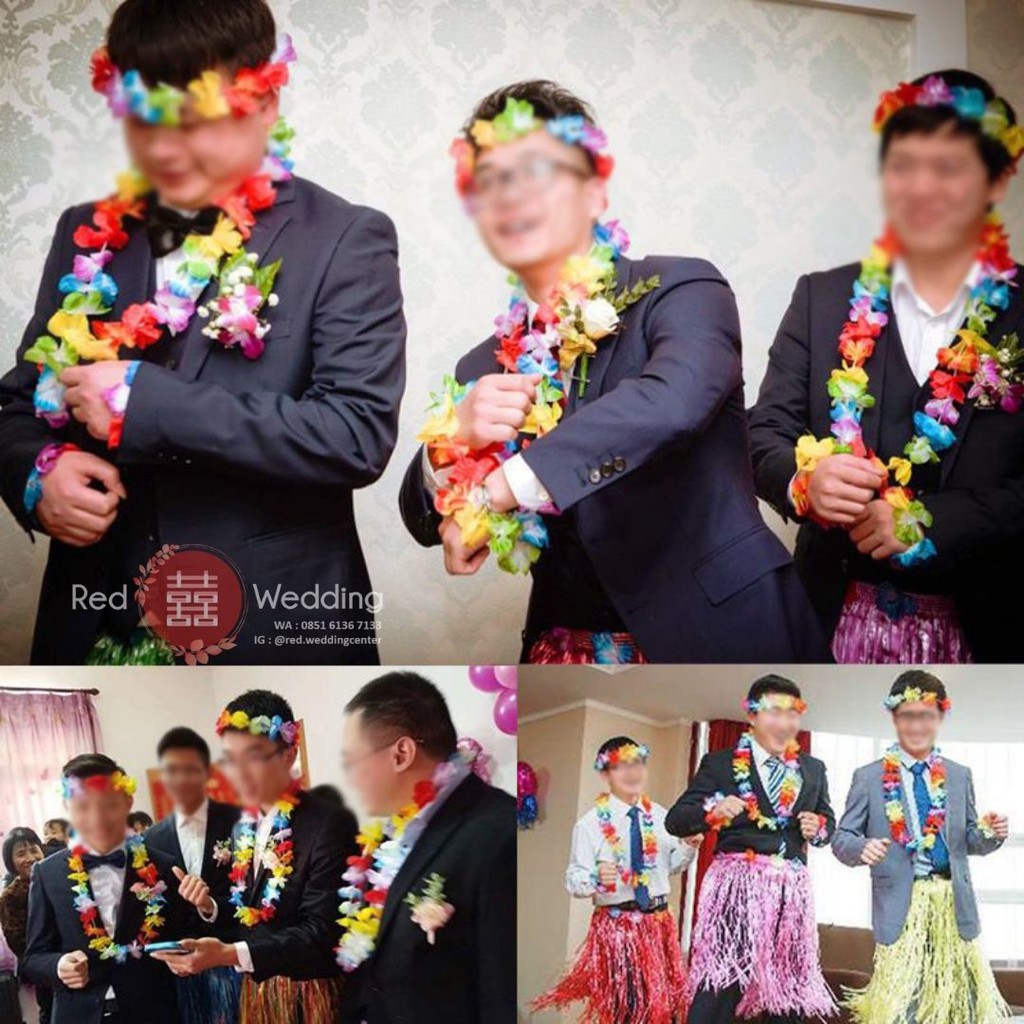 Set Hawaii Bunga Bikini Rok Hula Rumbai Wedding Game Permainan Accessoris Lengkap Funny Pengantin Groom Bride