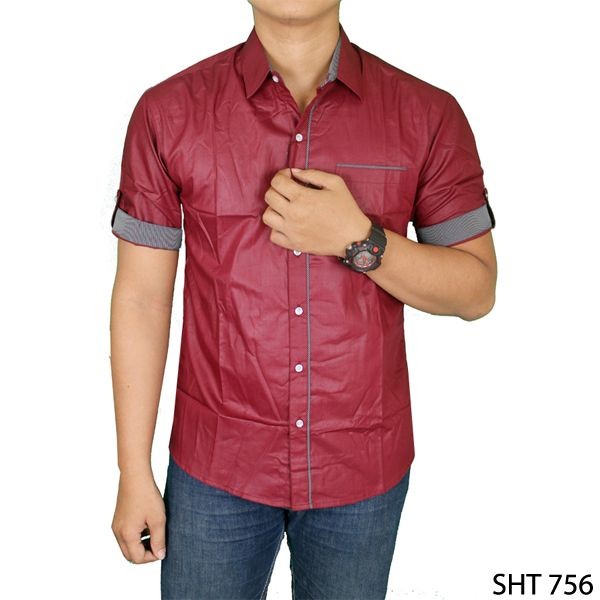 Mens Short Sleeve Casual Slim Fit Stylish Shirts Katun Merah – SHT 756