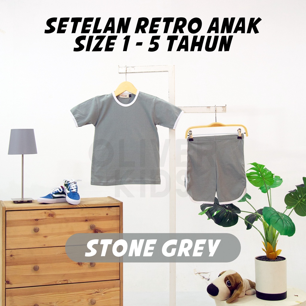 OliverKids Setelan Anak 1-5 Tahun Setelan Kiano Pocket Anak Celana Jogger Dan Baju Anak Polos Katun Combed One Set Henley Tee Setelan Pantai Anak-RETRO GREY