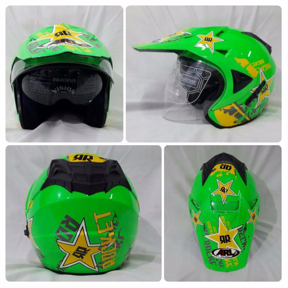 Helm ARL Semi Cross Half Face Double Visor Rocket Hijau Stabilo.