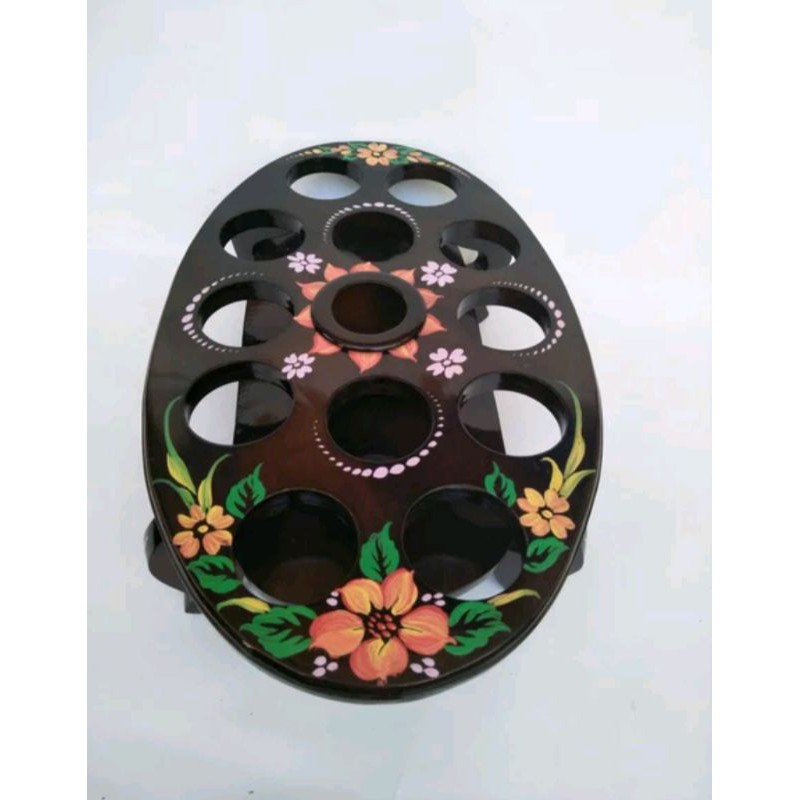 TEMPAT AQUA GELAS KAYU JATI UNIK MODEL OVAL