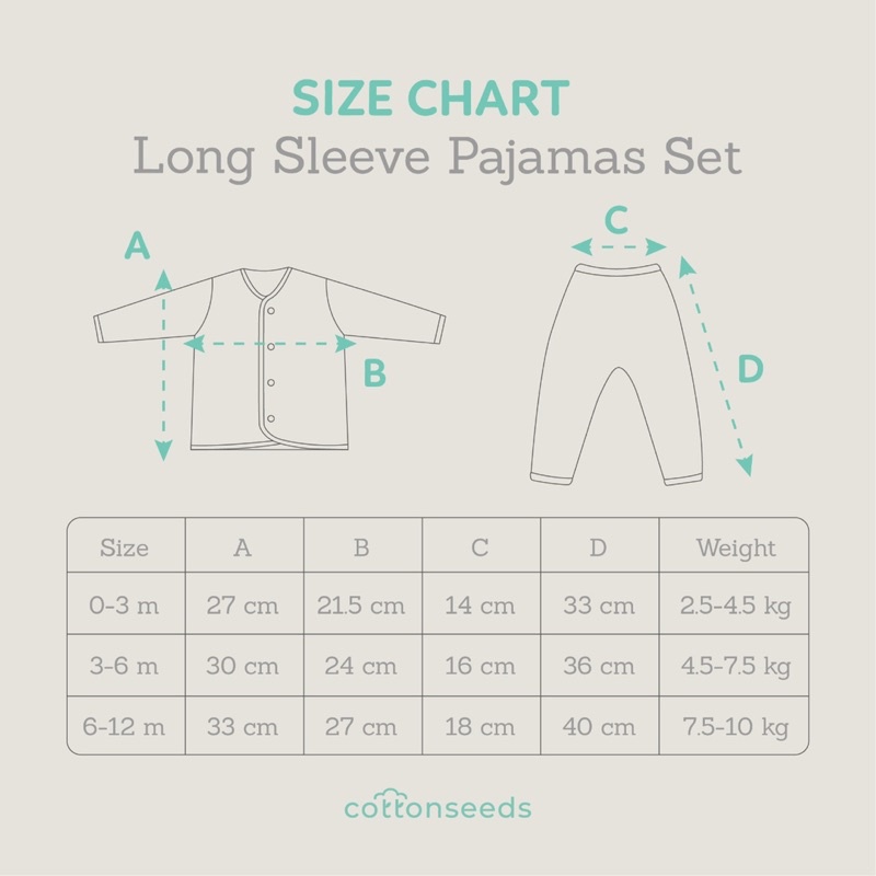 Cottonseeds Long Sleeve Pajamas Set Baju Tidur Bayi