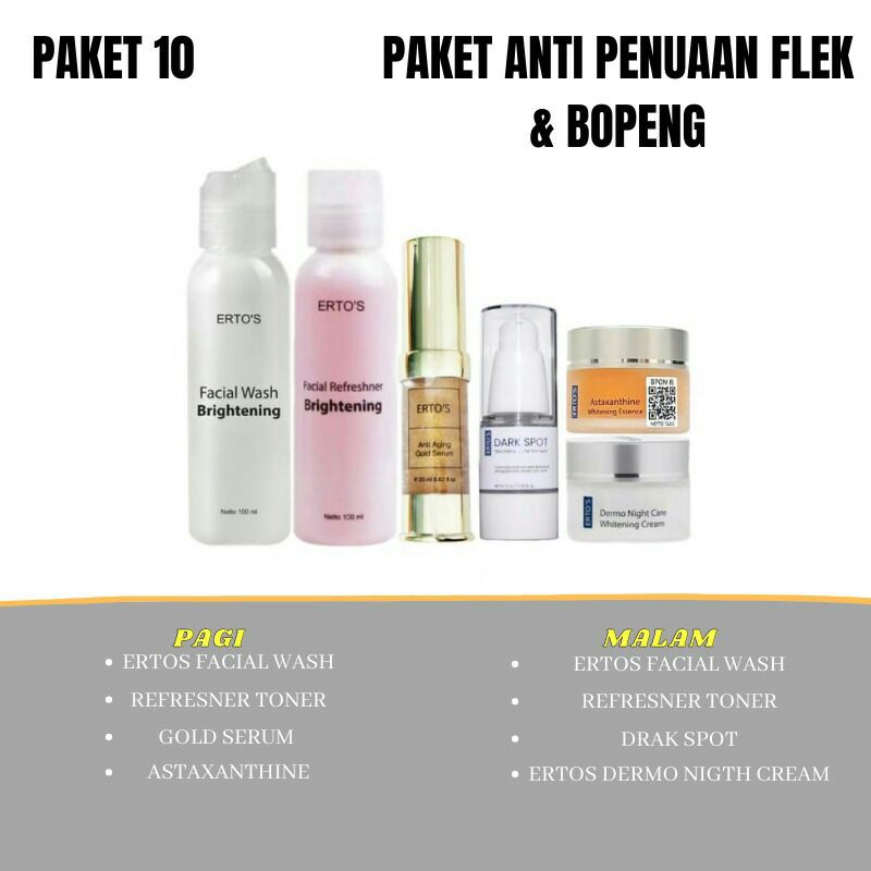 Ertos Paket Lengkap Perawatan Wajah original Berminyak Komedo flex hitam pori besar jerawar bruntusan radang kering Glowing-Paket 10