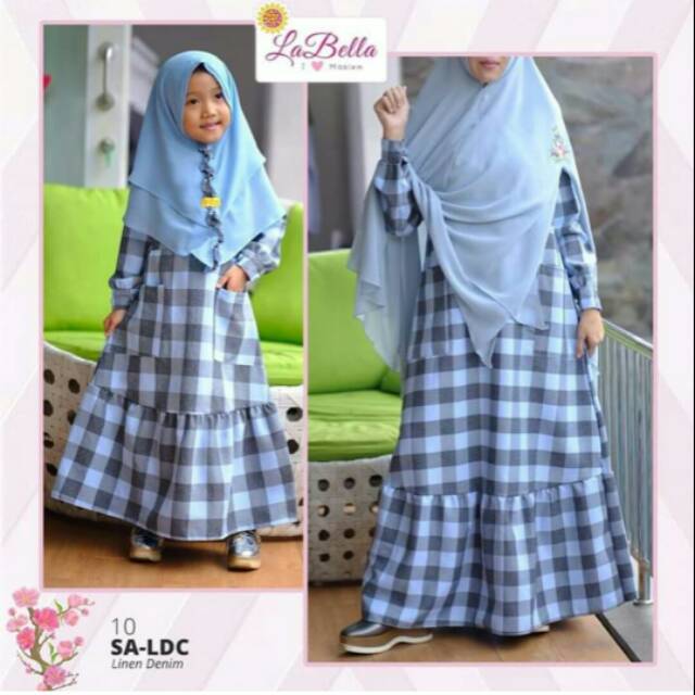 Gamis baju muslim couple ibu dan anak labella linen denim