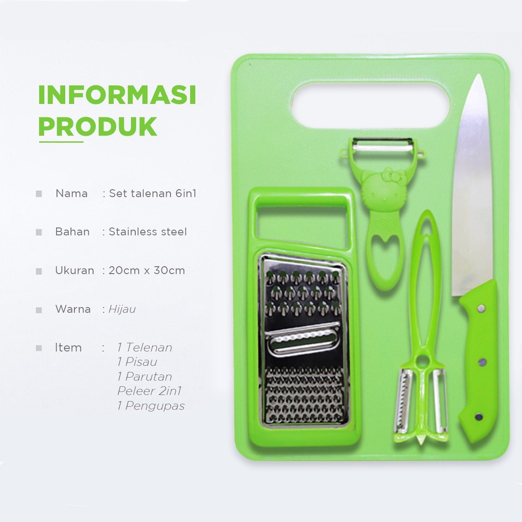 Set Talenan Dapur Lengkap Dengan Pisau Set Talenan 5In1/Pisau Dapur Anti Karat Pisau Daging Buah Sayur Roti Gunting dapur Talenan / Alat Pengupas Buah Uk 20cm x 30cm