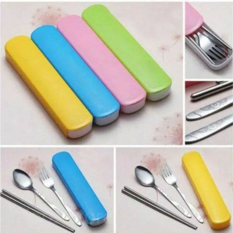 [MURAH] Sendok set alat makan gratis tempat/sendok set stainless 3in1/Sendok Garpu Sumpit Set Stainless Steel 3 in 1