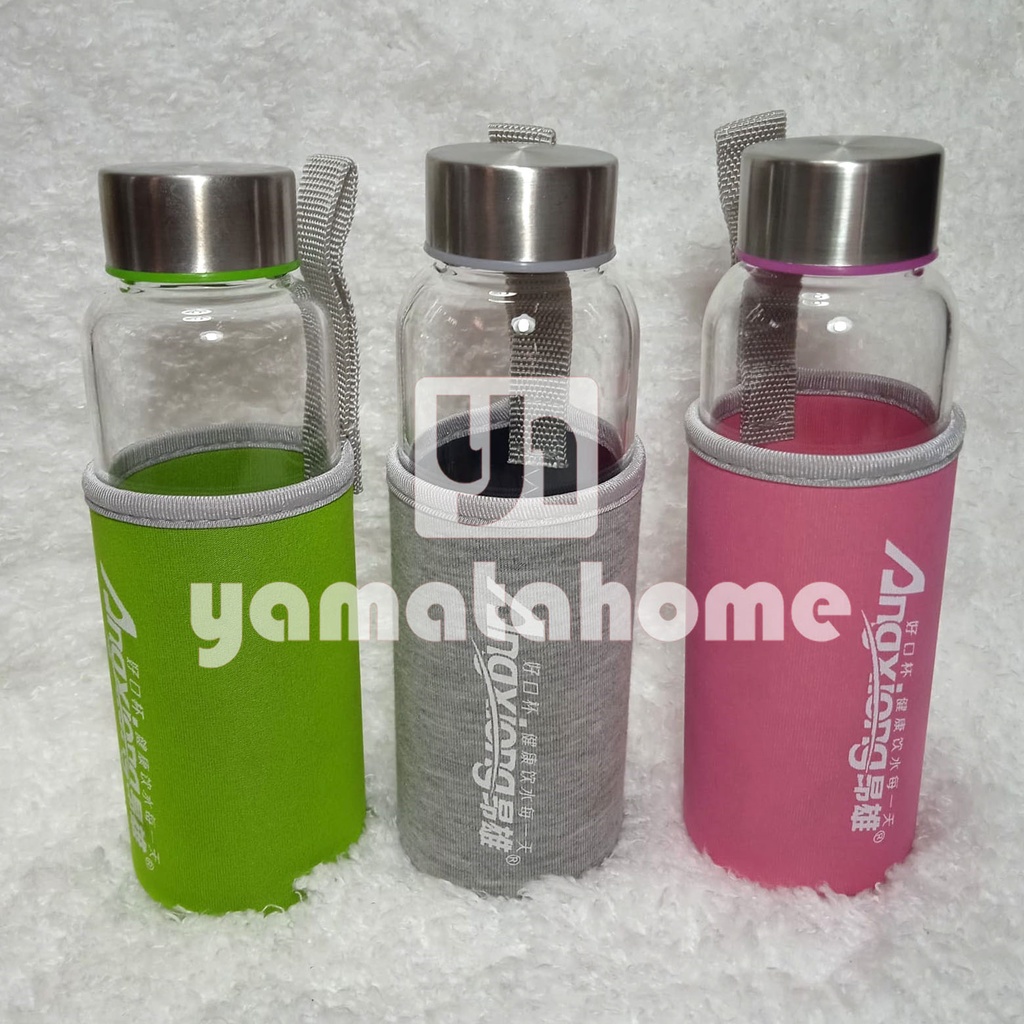 Tumbler Botol Kaca Bening 300 Ml Free Sarung / Botol Minum Kaca