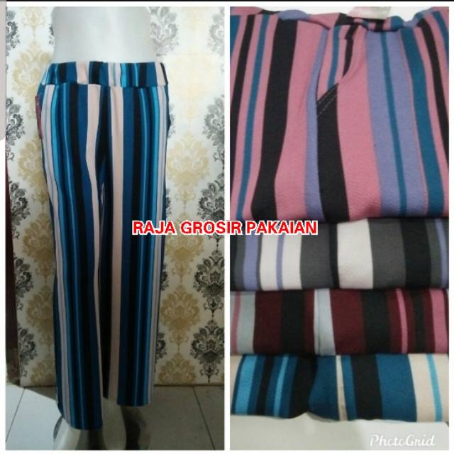 Celana Kulot Panjang Dewasa Motif Salur Pelangi Bahan Waffle/Crepe - Bisa Bayar Ditempat (COD)