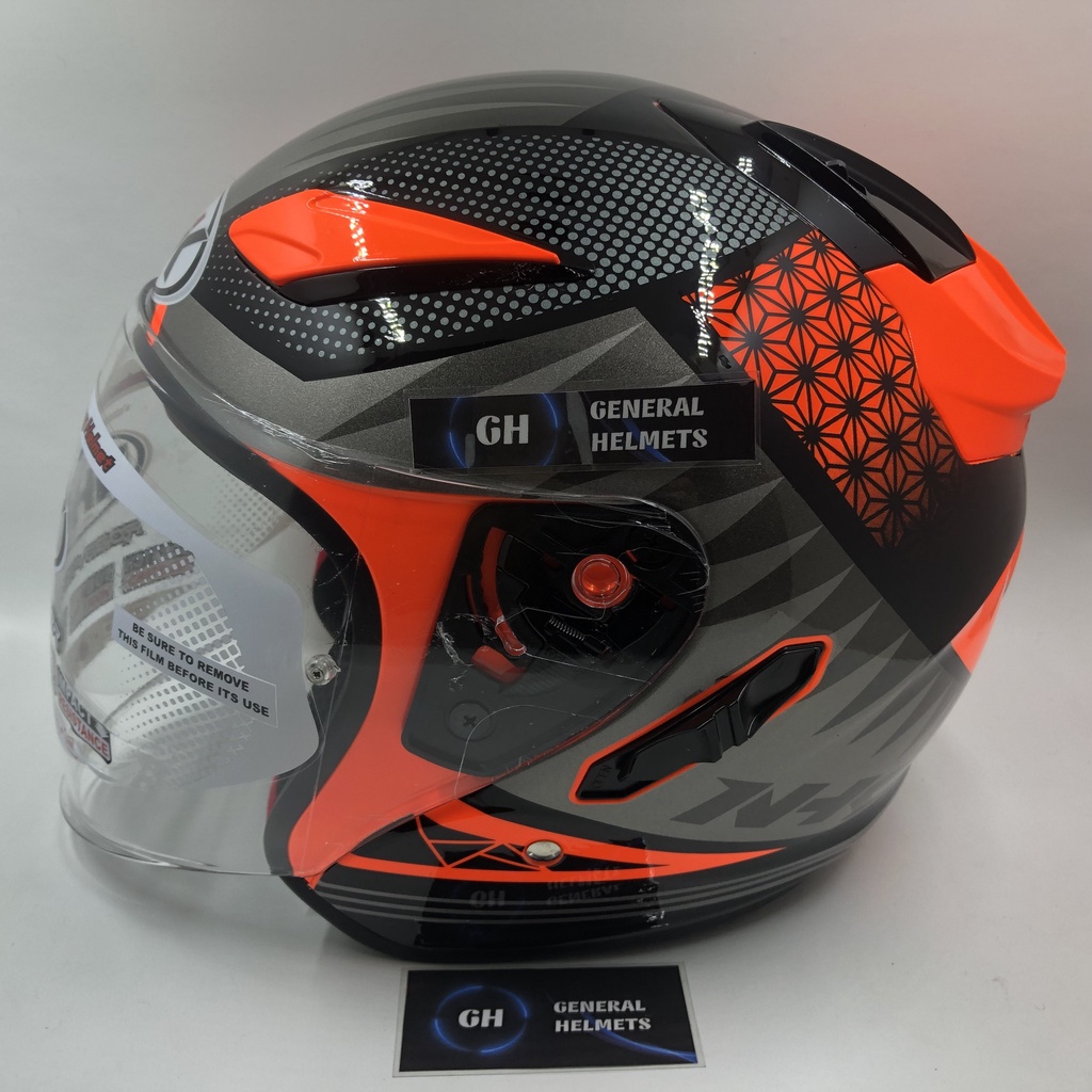 HELM NHK R1 MOTIF BIZARE ORANGE FLOURECENT SILVER HALF FACE DOUBLE VISOR