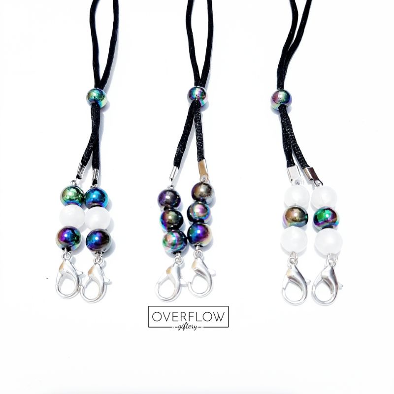 Tali Masker Adjustable | Kalung Masker Hijab | Strap Mask Mutiara Hitam Pelangi