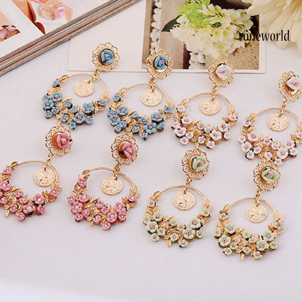 OW@ Ear Studs Circular Ring Not Rust Flowers Pattern Women’s Fashion Flower Dangle Ear Studs for Daily Life