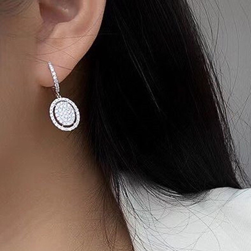 Anting Juntai Bentuk Oval Cubic Zirconia Kristal Bling Untuk Wanita